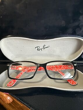 Ray-Ban Black Frames with Red Patterned Temples included is the Rayban case